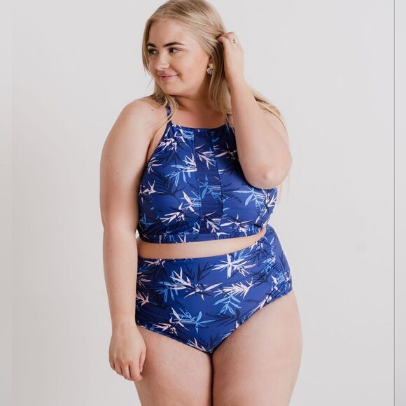NWT: Midkini, High Neck, Halter Tie, Bikini Top in Blue Palm. - Picture 1 of 16
